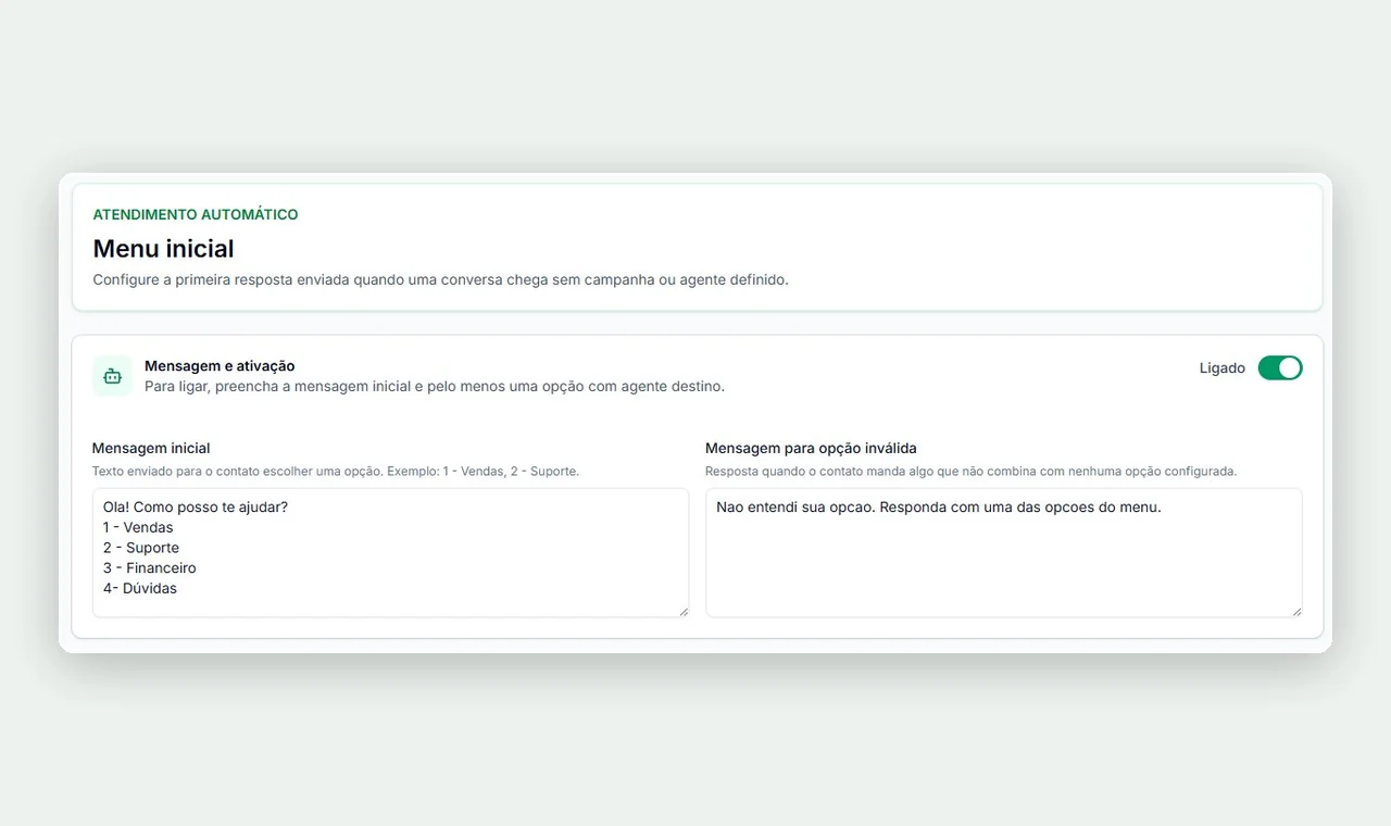 Configuração do menu inicial automático